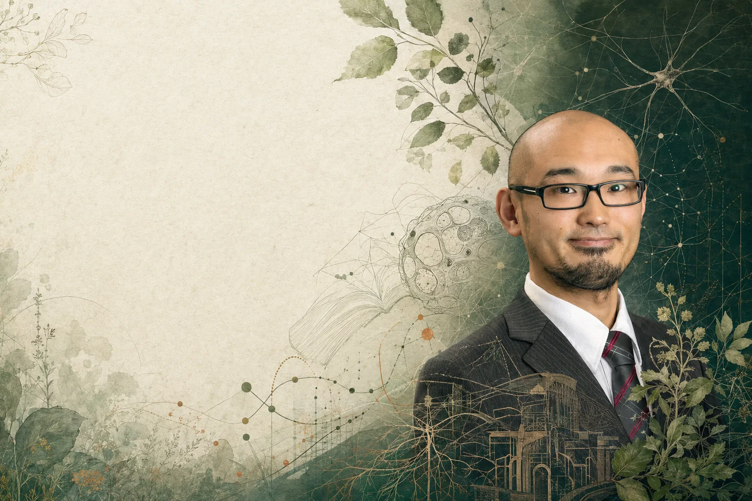 Daiju Hoshino in an editorial composition connecting biology, education, evidence, and AI.