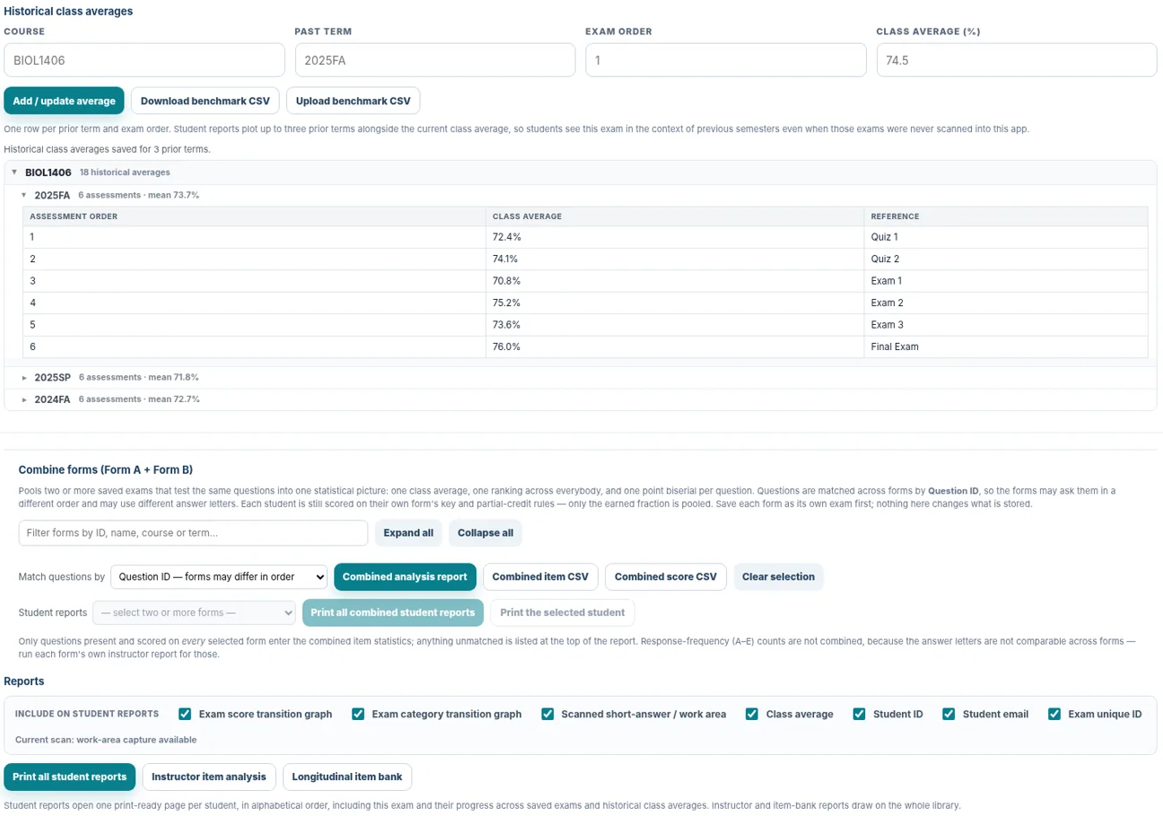 The reports panel. The library keeps historical class averages from earlier semesters, and a checkbox row decides what appears on a student report. One button prints every copy.
