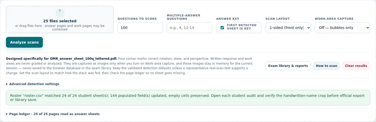 The scan panel. Drop in the stack, say how many questions to score, and let the first detected sheet stand in as the answer key. The page ledger confirms no sheet went missing.